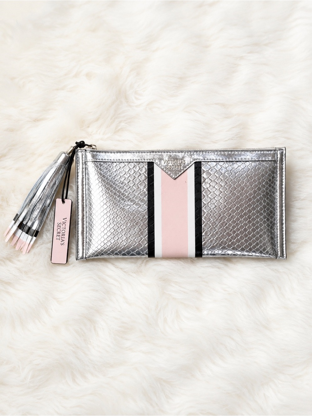 Victoria’s Secret Metallic Tassel Zip Clutch/Wristlet NWT Silver Pink Stripe